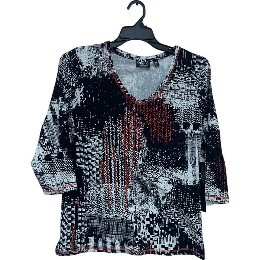 Onque Womens Black White Abstract Print Stretch V Neck 3/4 Sleeve Top Size 1X